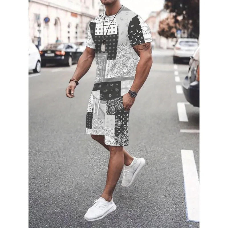 2025 Summer Men's Casual 3D Digital Printed 2-piece Set Short Sleeve Round Neck T-shirt Sports Shorts Outdoor Wear