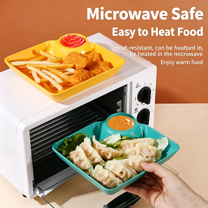 8 multicolor jiaozi plates with sauce cups and microwave safe plastic plates for family dinners in the kitchen and dining room.