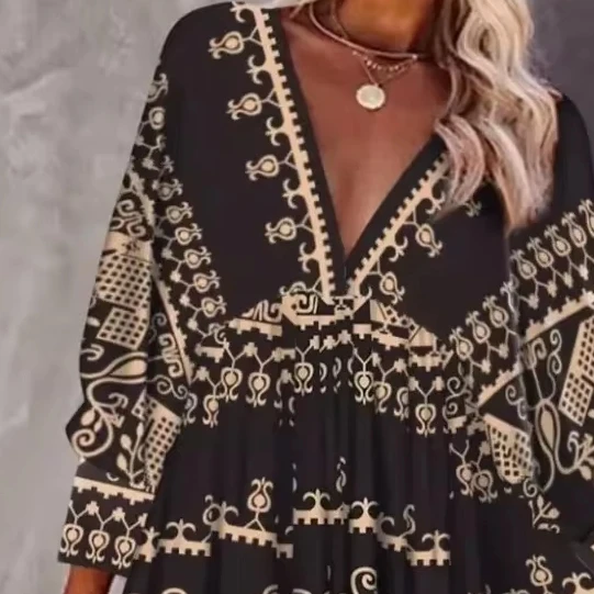Neue Damen Frühling lose V-Ausschnitt Ganzkörper gedruckt Mode Kurzrock Pullover Langarm Kleid Bodycon Kleid Sommerkleid