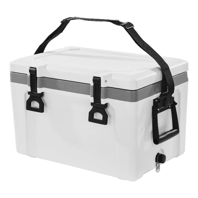 Portable, hard cooler, lightweight hard material, with heavy-duty handle and shoulder strap for excellent ice retention
