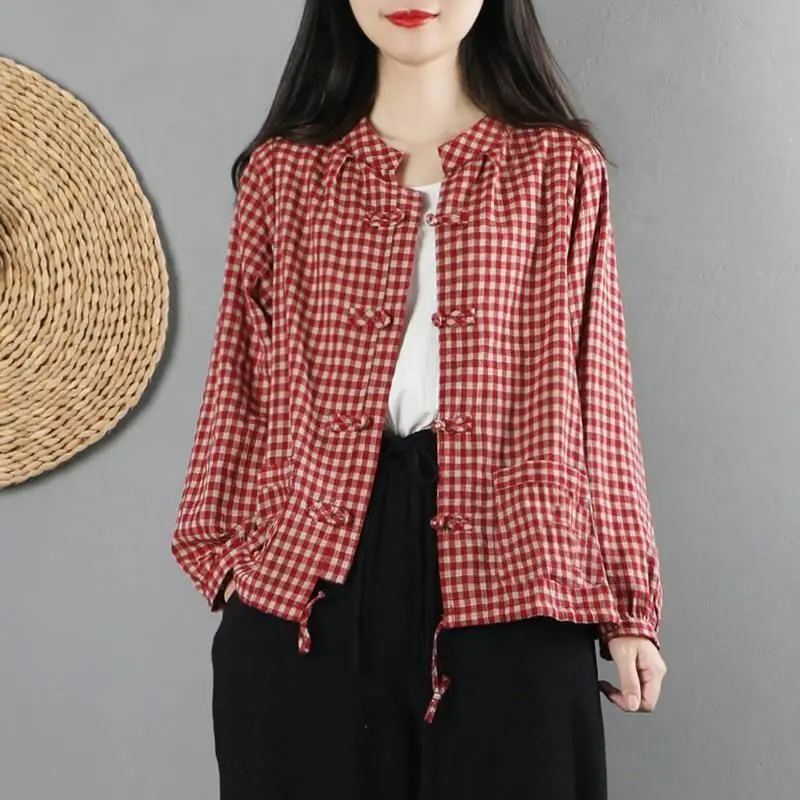 Chinese Style Cotton Linen Shirt Women's Retro Art Collar Button Long Sleeve Cotton Linen Coat Outerwear Metal Coated Fiber