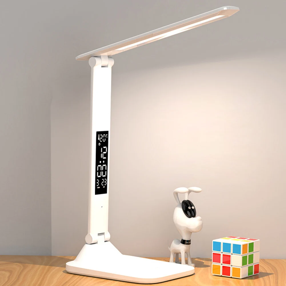 โคมไฟตั้งโต๊ะ LED 3 สีหรี่แสงได้โคมไฟศึกษาพับได้พร้อมนาฬิกาวันที่อุณหภูมิไฟตั้งโต๊ะสัมผัสโคมไฟหอพักสําหรับหอพักวิทยาลัย