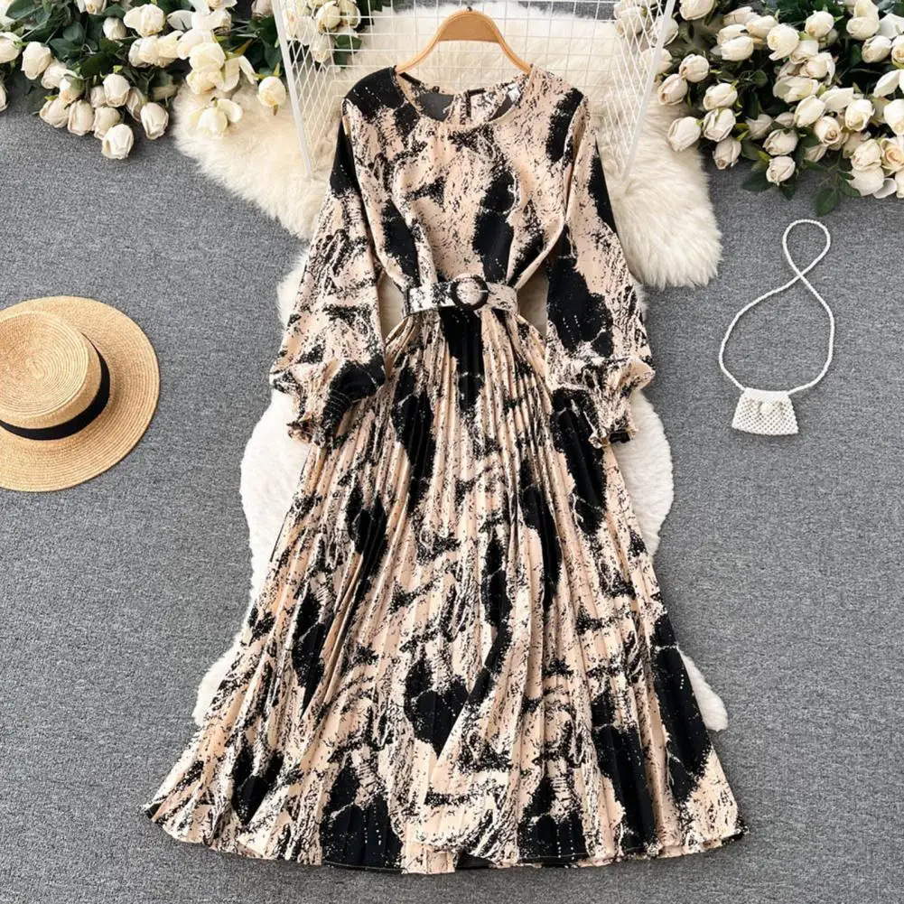 

Lady Fall Dress Retro Print Maxi Dress with Lantern Sleeves High Waist Belt Women's A-line Loose Hem Fall Spring Dress Slim Fit