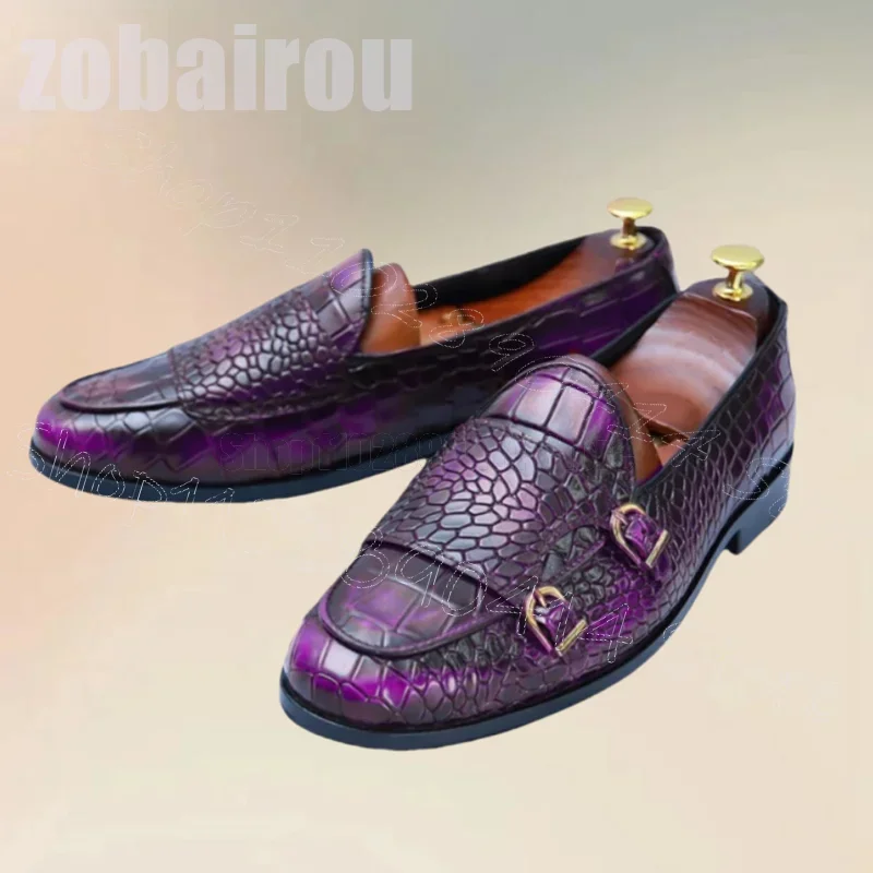 

Purple Crocodile Print Double Monk Buckle Loafers Fashion Slip On Men Shoes Luxury Handmade Party Banquet Office Men Dress Shoes