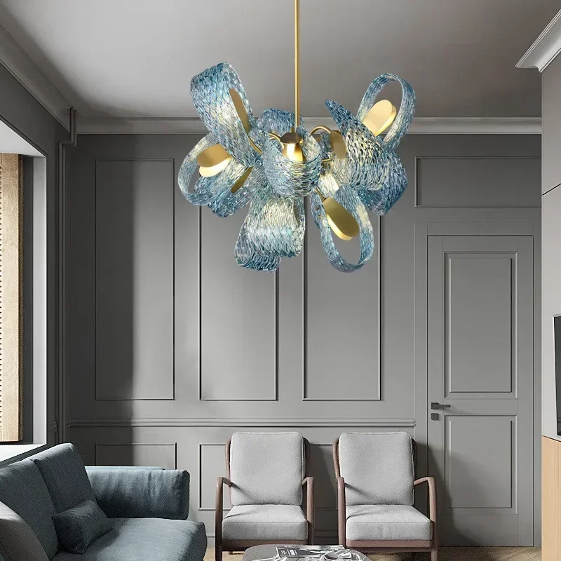 

SANDYHA Modern Creative Blue Glass Chandelier Alien Flower LED Ceiling Lamp For Bedroom Living Room Home Decoration Lighting