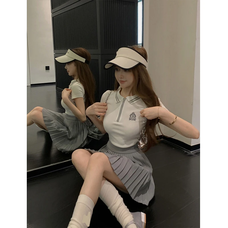 

Retro Sexy Sports Suit Women's Summer Contrast Turn-down Collar T-shirt Pleated High Waist Skirt Shorts Fashion Two-piece Set