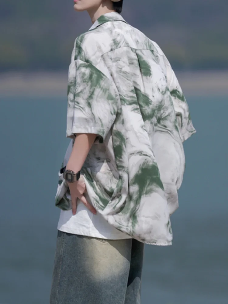 

Tie-dye Shirts Men Summer Loose Breathable Korean Beach Style Cozy Seaside Short Sleeve Casual Slouchy Single Breasted Handsome