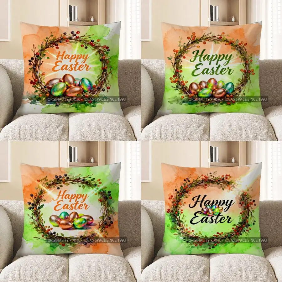 2D Happy Easter Wreath With Colorful Eggs Pillow Pattern Cushion Cover Suitable For Sofa Bedroom Car Pillow Cover