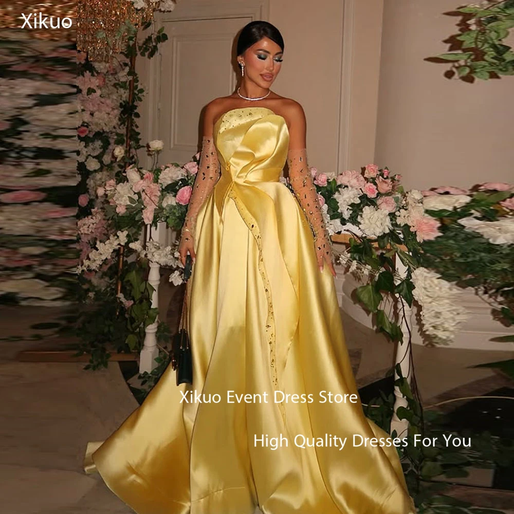 Xikuo Graceful Yellow Satin Evening Dress A Line Strapless Robe Cocktail Femmes Floor Length Sequined Party Prom Gown Customized