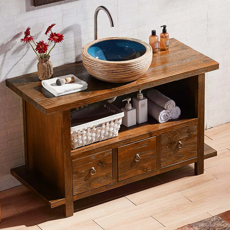 Antique pastoral solid wood log elm washbasin bathroom cabinet Classical Chinese combination