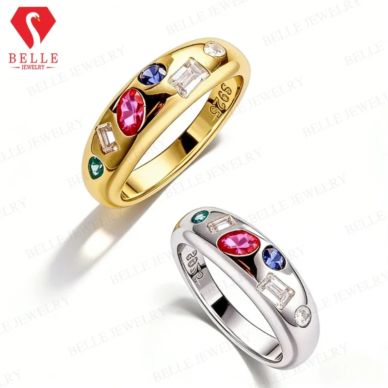 Colorful Shiny Moissanite Statement Ring White Gold/Yellow Gold Trend Fashion Design Fine Jewelry Party Accessory for Her