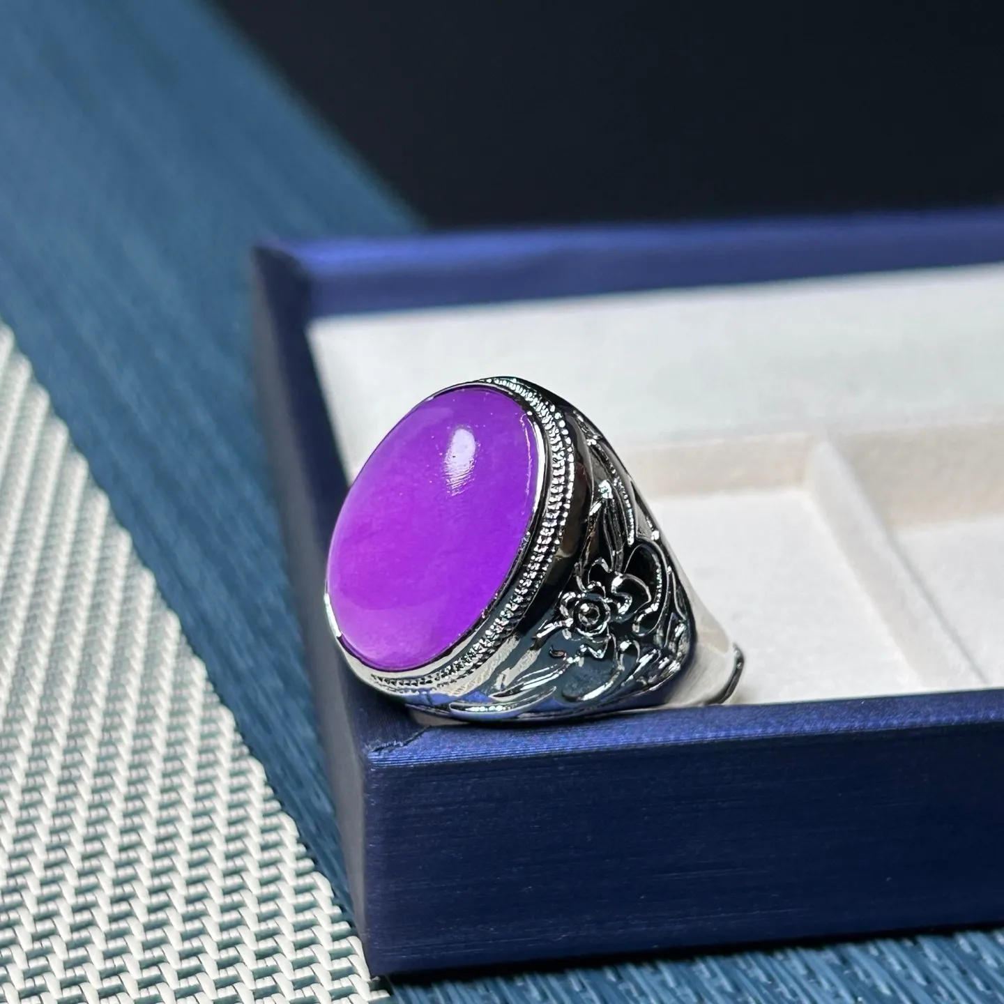 Real Natural Inlay Ice Purple Burmese Jade Jadeite Archaistic Amulet Ring