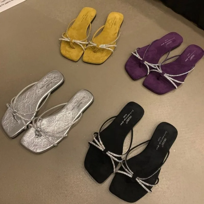 

Women Square headed slippers Summer Sandals Shoes Sexy Crystal 2025 Dress Fashion Open Toe Flip Flops Pumps Zapatos Mujer Slides