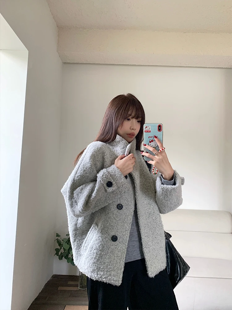 MosesQueen Grey Stand Collar Thickened Woolen Coat Warm Loose Winter Outerwear for Women Standard Fit Long Sleeve Button Closure