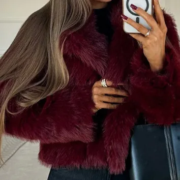 متوفر لقطة حقيقية - معطف فرو قطيفة قصير لخريف وشتاء 2025 عبر الحدود الأكثر مبيعًا وطية صدر أنيقة باللون العنابي #2
