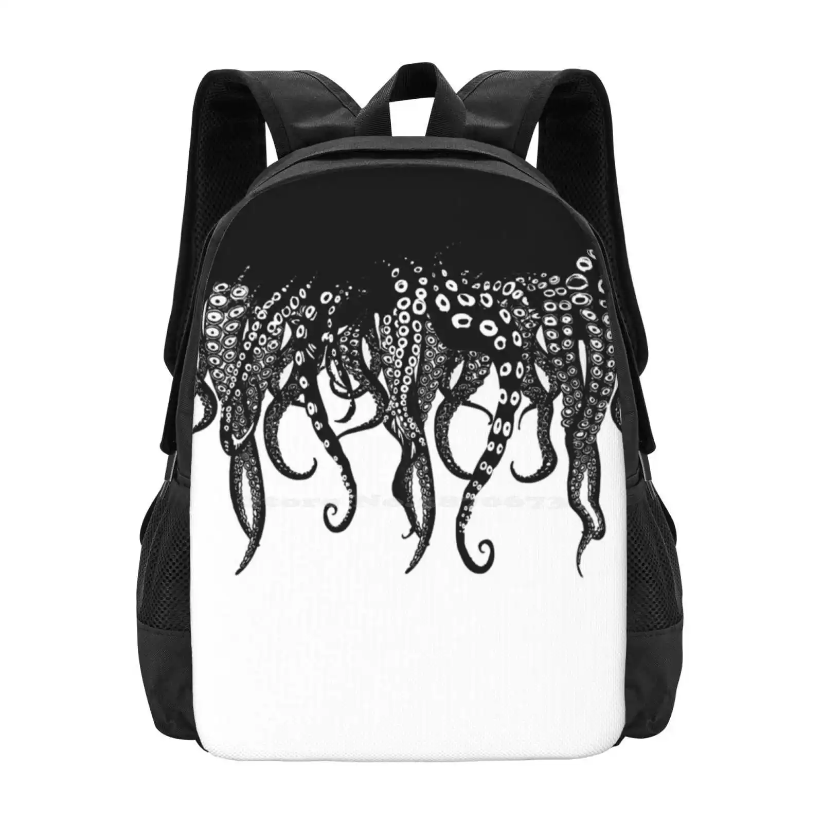 Tentacles Love Pattern Design Bag Student'S Backpack Tentacles Lovecraft Chtulhu Black And White B W Monster Creature Darkness