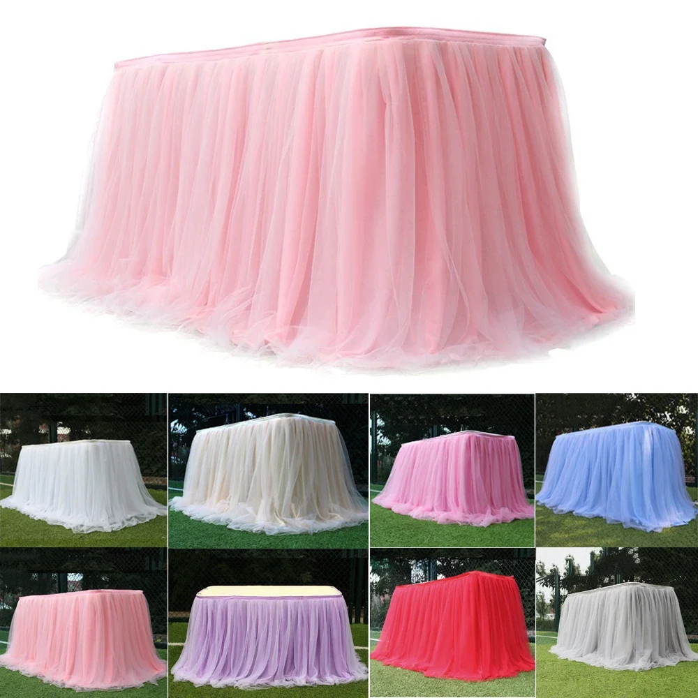 

100x75cm Fluffy Yarn Table Skirt Net Gauze Pleated Table Skirt Celebration Baby Shower Party Decor Mesh Gauze Table Decoration