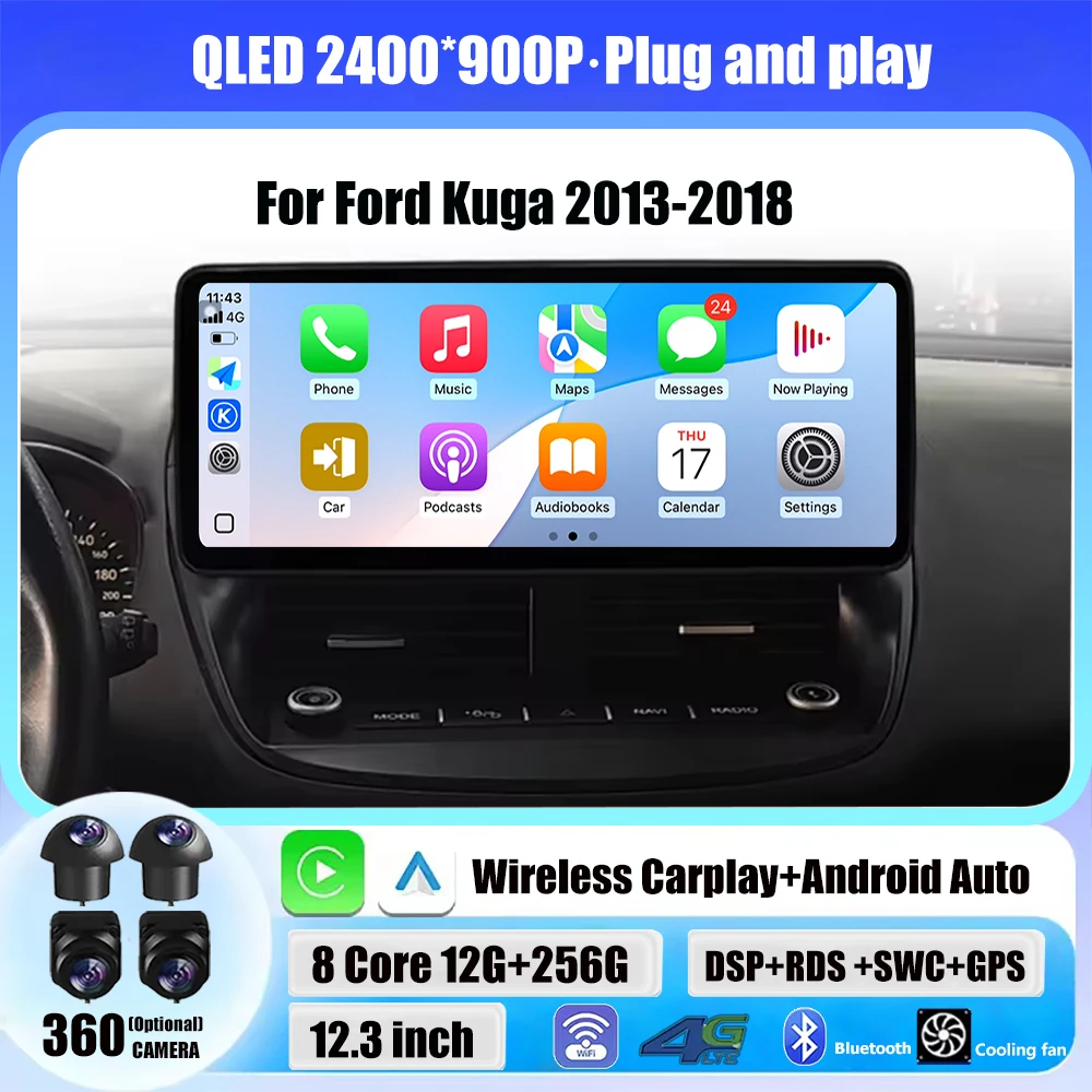 

Беспроводной Carplay Android 16 для Ford Kuga 2013-2018 Автомобильный мультимедийный плеер BT DSP Стерео 4G WIFI Сенсорный дисплей QLED 2400*900P
