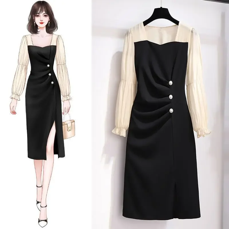 

Elegant Spliced Button Folds Fake Two Pieces Midi Dress Women's Clothing 2024 Autumn Winter Loose Princess Sleeve Ladies Dresses