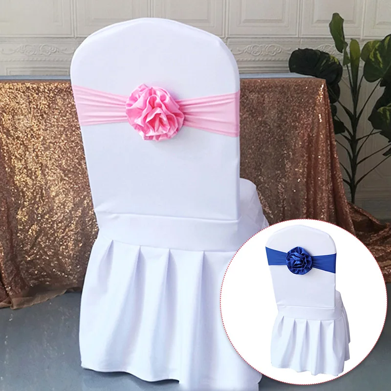 Solid Color Satin Chair Back Flower Grace Minimalist Wedding Chair Decorated Bow Flower Hotel Props Banquet Chair Elastic Strap