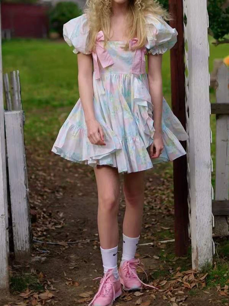 

Age-reducing fairy tale princess bubble short-sleeved tea break dress elegant and sweet bow ruffled skirt in summer