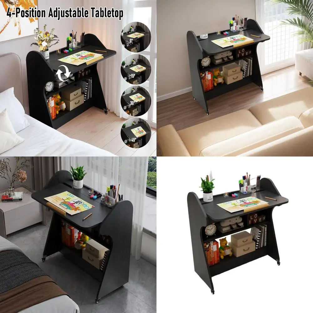 

Adjustable Angle Mobile Desk with Wheels and Storage for Compact Home Offices in Black