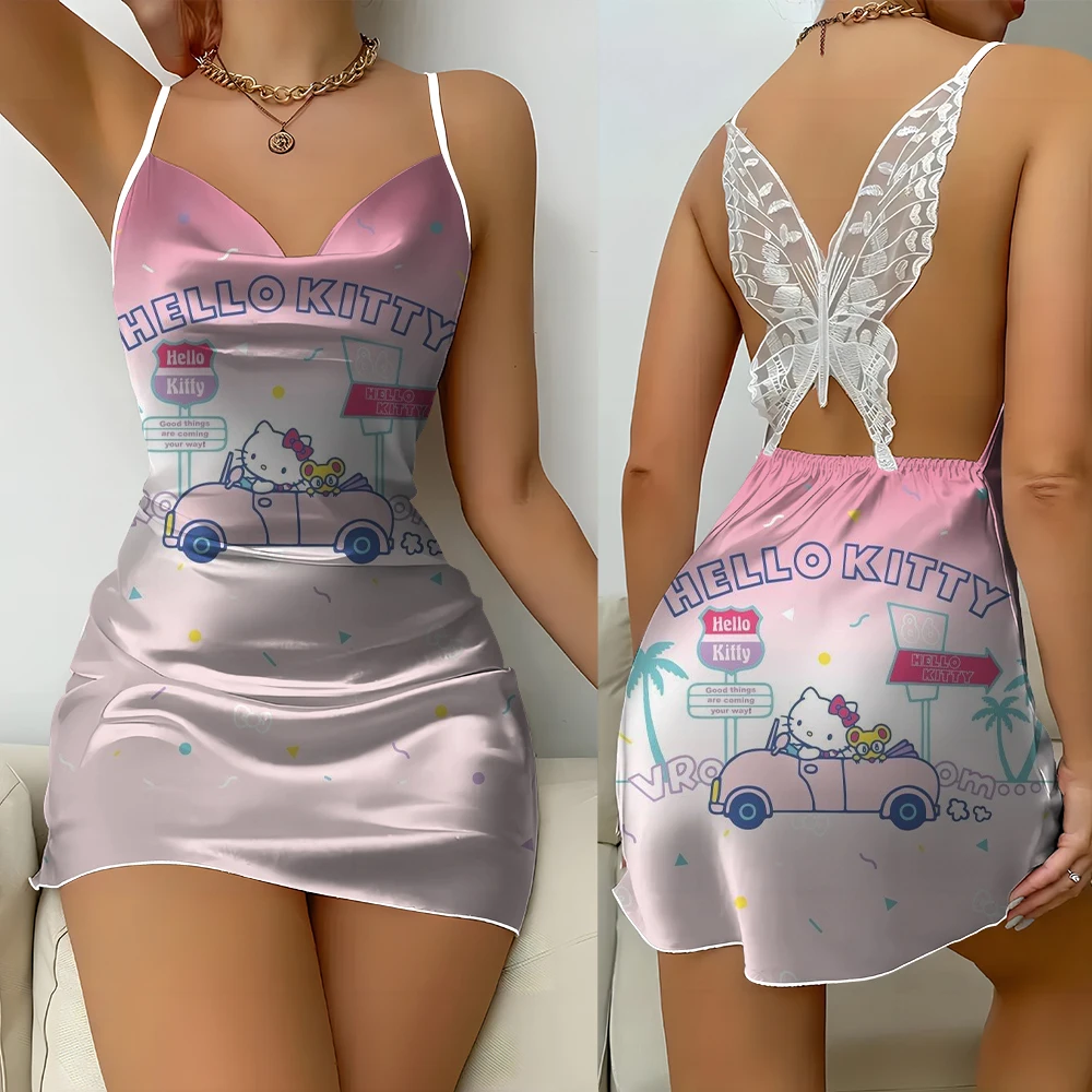 Hot Sale Summer Sexy Women's Nightgown Dress Suspender Hello Kitty Printed Casual U-neck Lace Butterfly Backless Nightgown