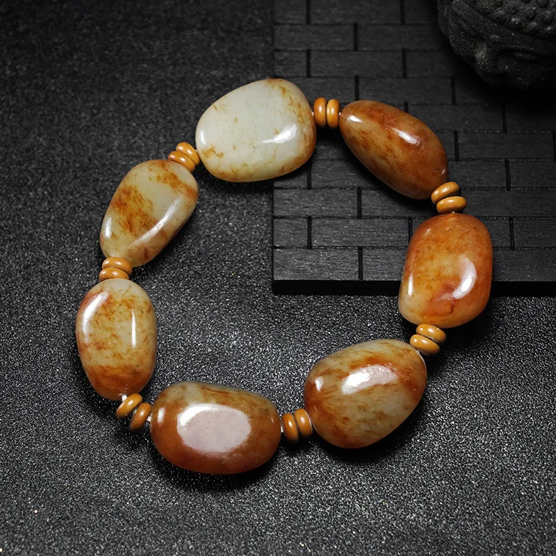 Xinjiang Hetian Bracelet Rough Stone Red Infusion Leather Pebble White Jade Men's and Women's Unoptimized