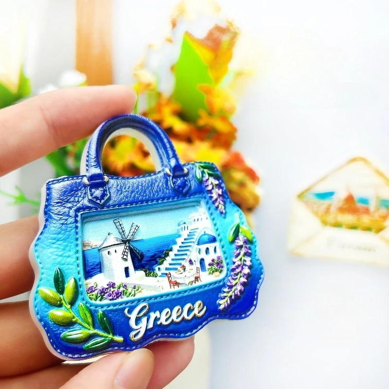 Greece Fridge Magnet - Chic 3D Blue Bag & Windmill Unique Aegean Island Souvenir for Travel & Coastal Home Decor