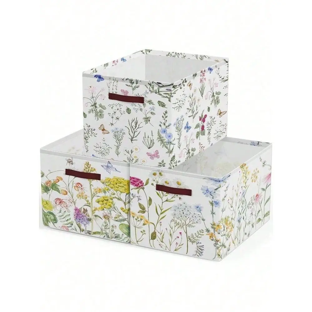 

3 Pack Floral Storage Basket With Handles Herbs Flowers Collapsible Large Canvas Storage Bin Laundry Basket Foldable Storage Bo