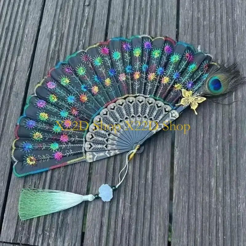X22D Folding Hand Fan Colorful Embroidered for Traditional Culture Enthusiasts and Home Decoration