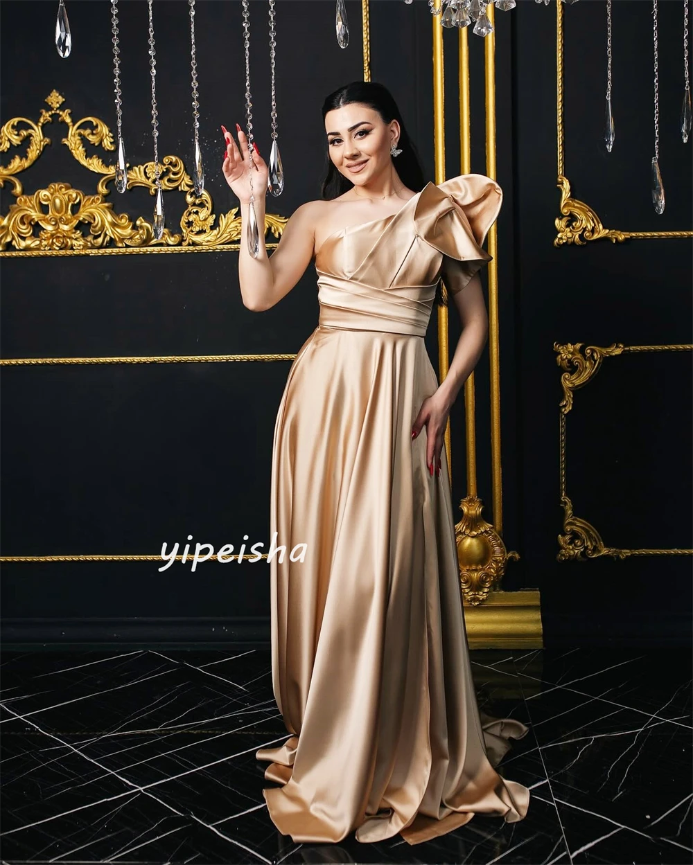 Satin Pleat Party A-line One-shoulder Bespoke Occasion Gown Long Dresses