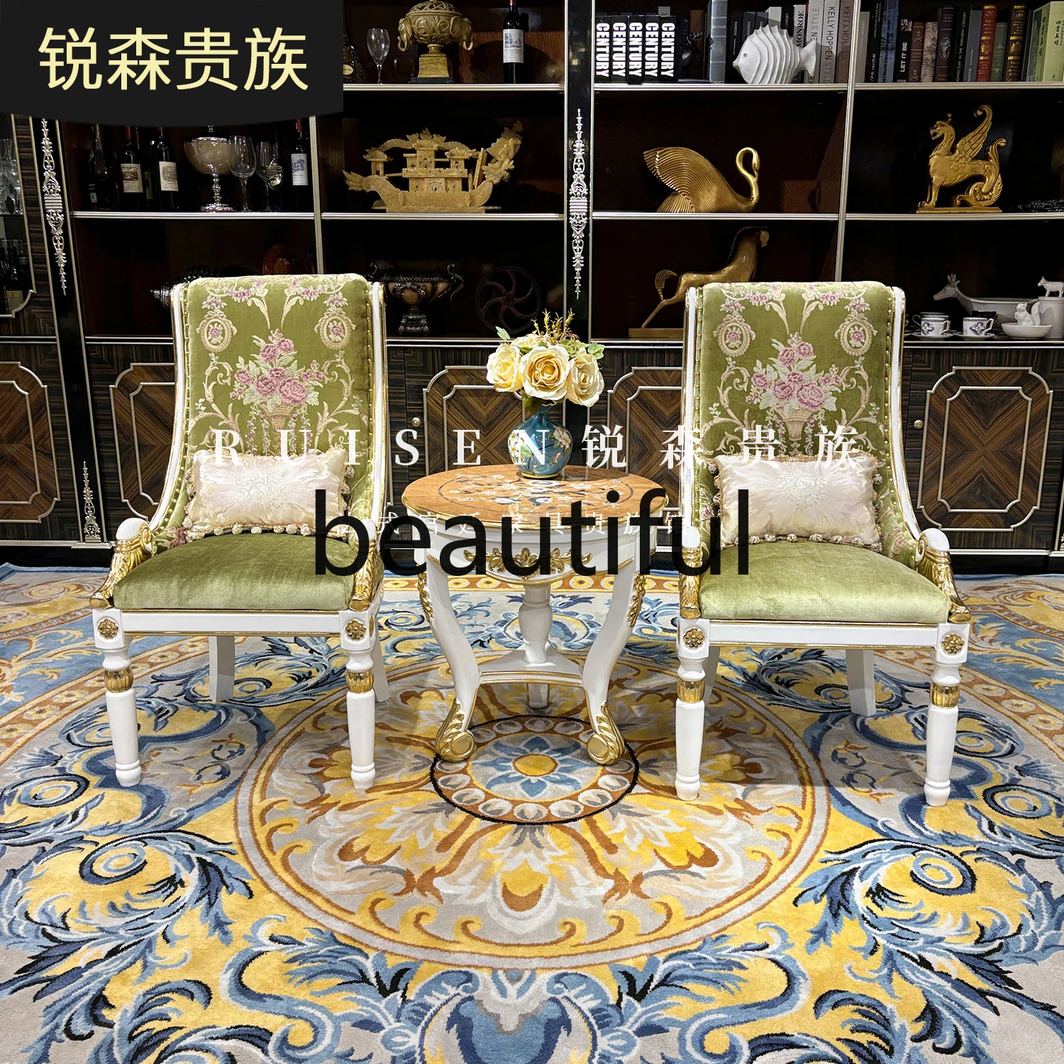 

French leisure chair palace luxury embroidered sofa chair dining chair solid wood carving flower