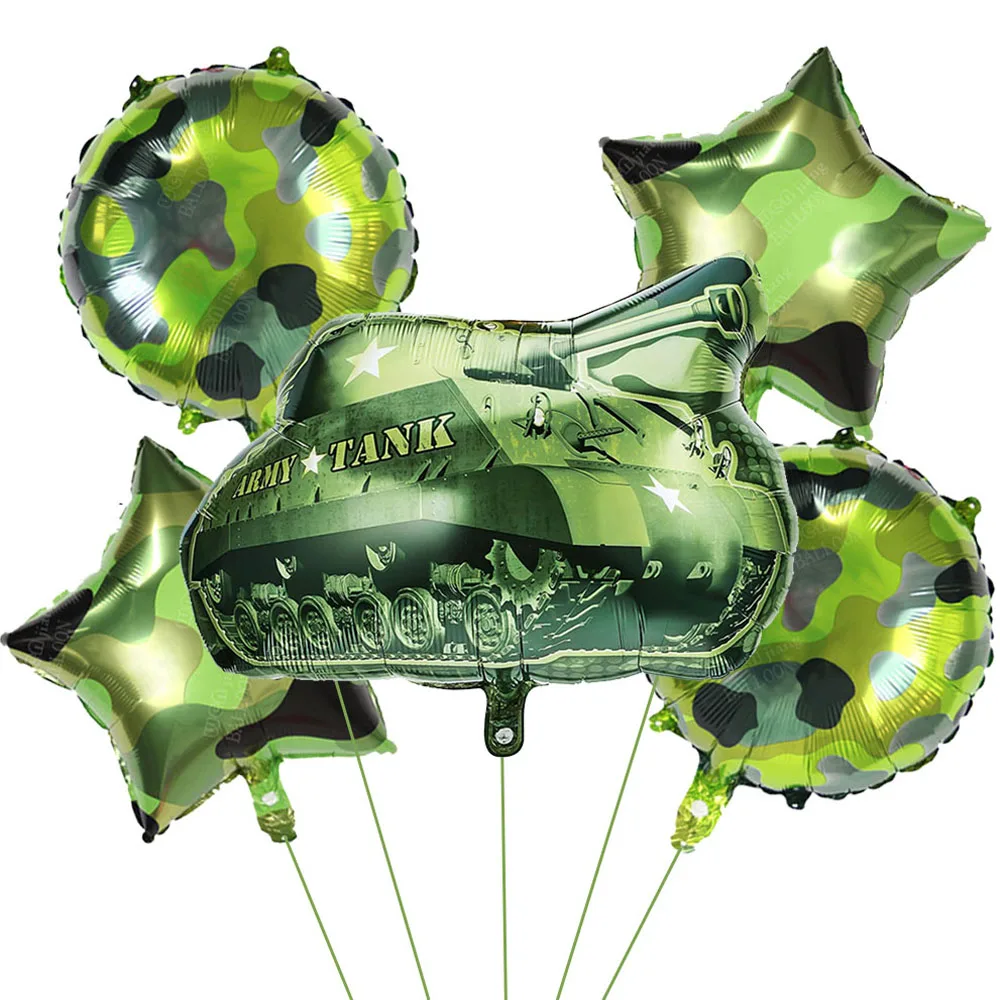 5pcs Camouflage Foil Balloons Kits Army Tank 18inch Camouflage Star Round Balloons Soldier Camo Themed Birthday Party Supplies