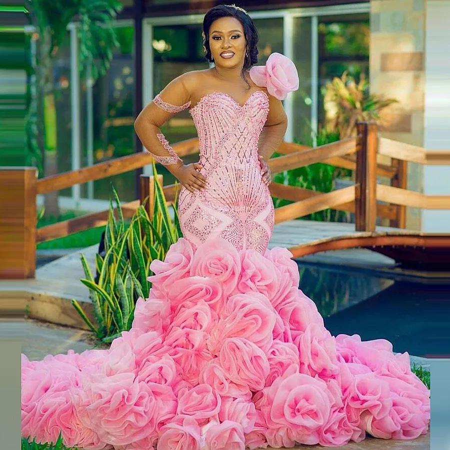 Pink Mermaid Evening Dresses With Sheer Long Sleeves Flowers Appliques Ruffles Bottom Plus Size Prom Dress For African Women