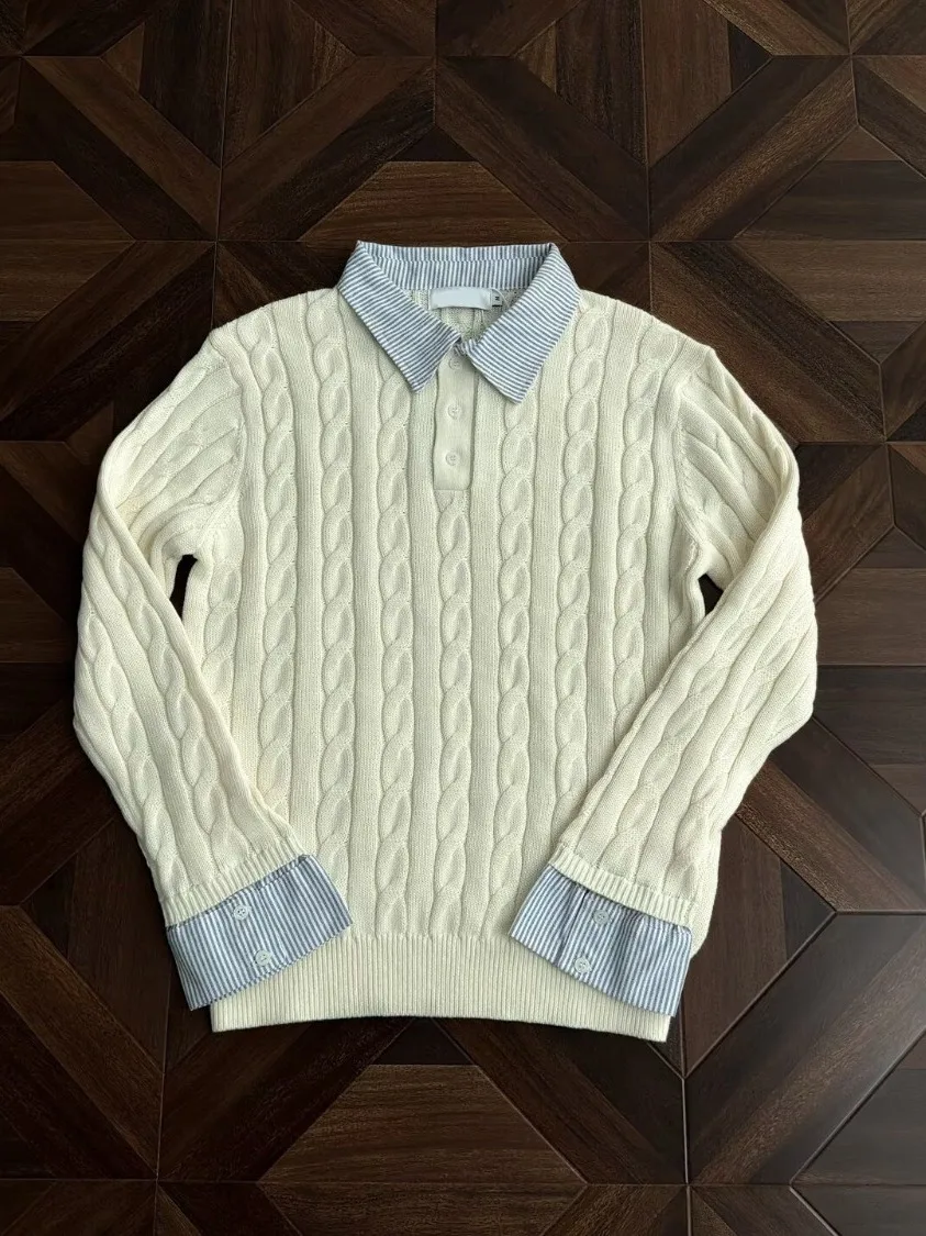 

Мужской вязаный свитер с узором «косичка», вставками в полоску, из полиэфирного волокна, повседневный, осенняя новинка