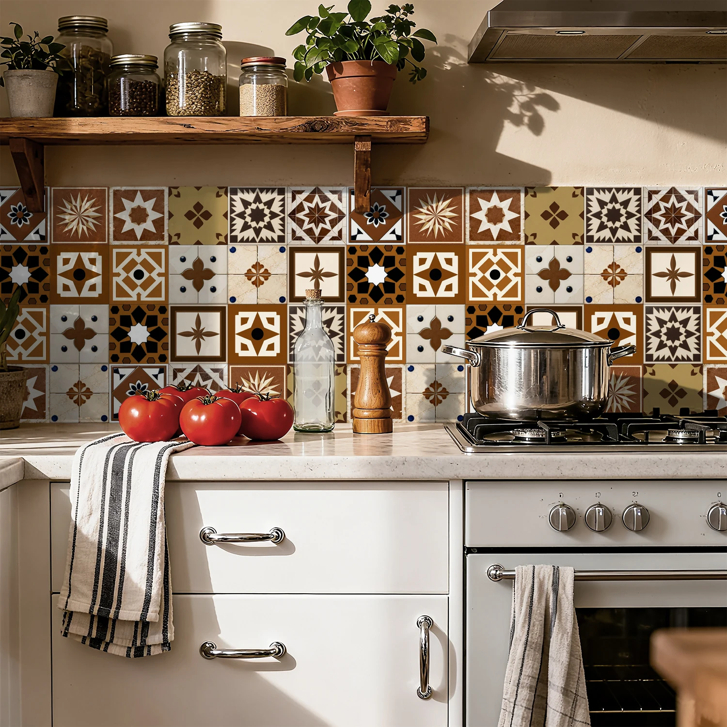 24pcs Moroccan floral tile self-adhesive wall stickers, suitable for bathrooms, kitchens, TV background walls, home décor,