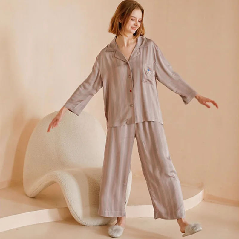 2023 Women\'s Satin Long Sleeve Pajamas Pocket Embroidery Cupid\'s Arrow Trousers Home Suit Viscose Loungewear 2 Piece Nightwear