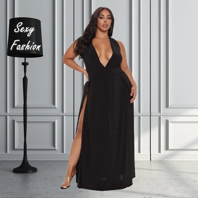 XL-5XL Abendkleider für Frauen 2023 Sommerkleid ung plus Größe ärmelloses tiefes V-Ausschnitt Split einfarbiges sexy Party langes Kleid