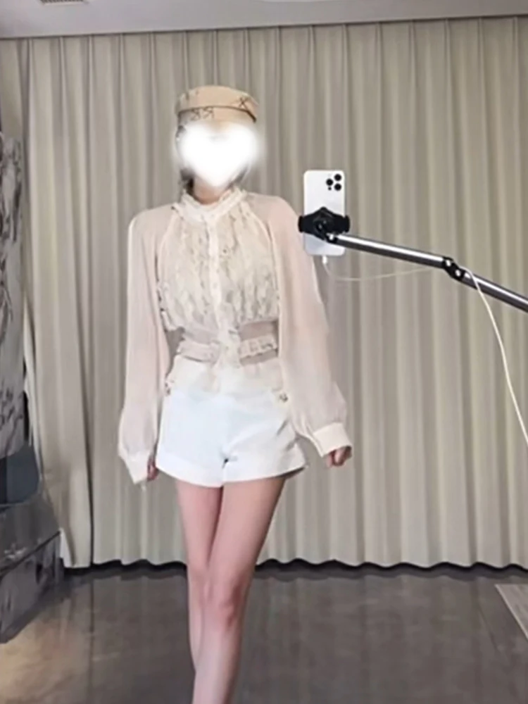 엘레 코트 슬레 여성용 롱 슬리브 쉬폰 하이웨이스트 슬림핏 바지 세트 가을 패션 아우터웨어 탑