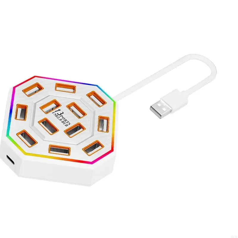 USB Splitter for PC and Laptop with 13 Port Layout, 10 USB-A, 3 Type C Outlets, Color Side Light, Daily Desk Use HX5E