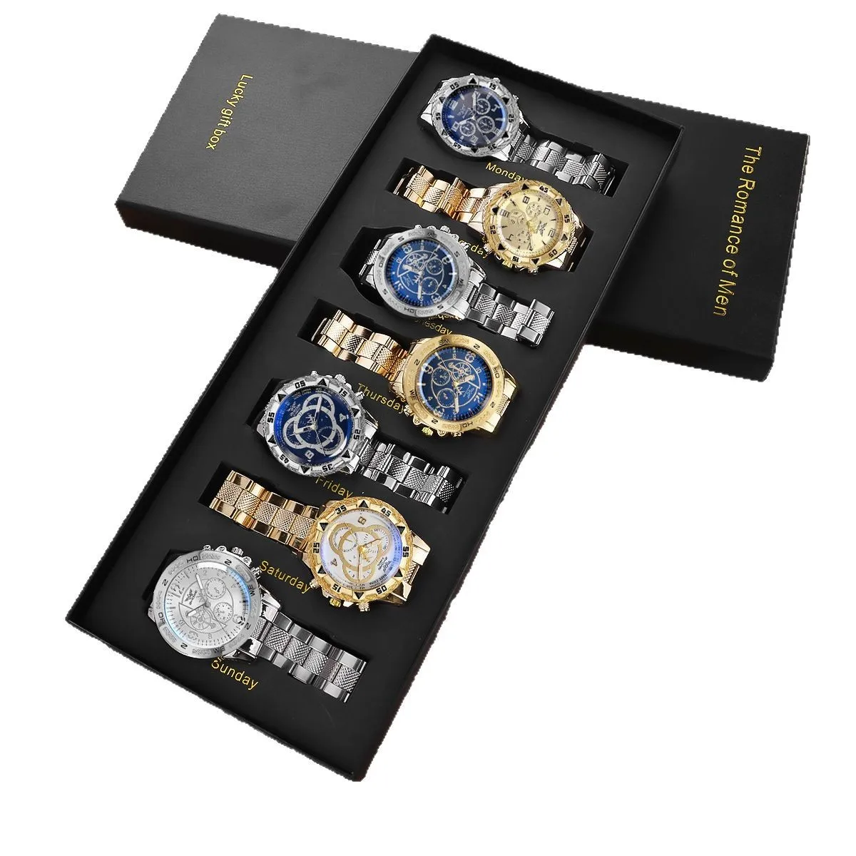 Men Multi‑Dial 7‑Pcs Wristwatch Set Sparkling Rhinestone Embellishment Precise Quartz Caliber Metal Bracelet Premium Container