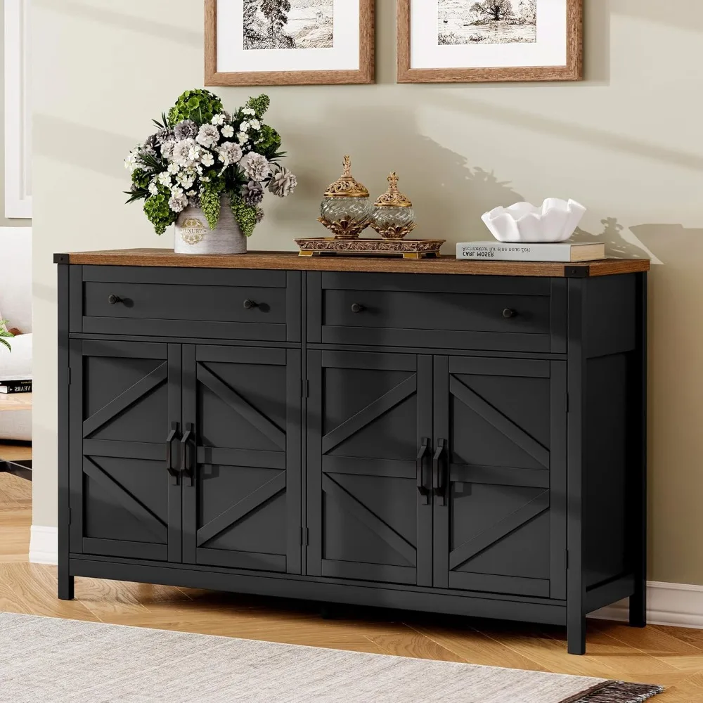 Sideboard Buffet Cabinet with Storage, Buffet Storage Cabinet with 2 Drawers and 4 Barn Doors, Modern Farmhouse Coffee Bar for