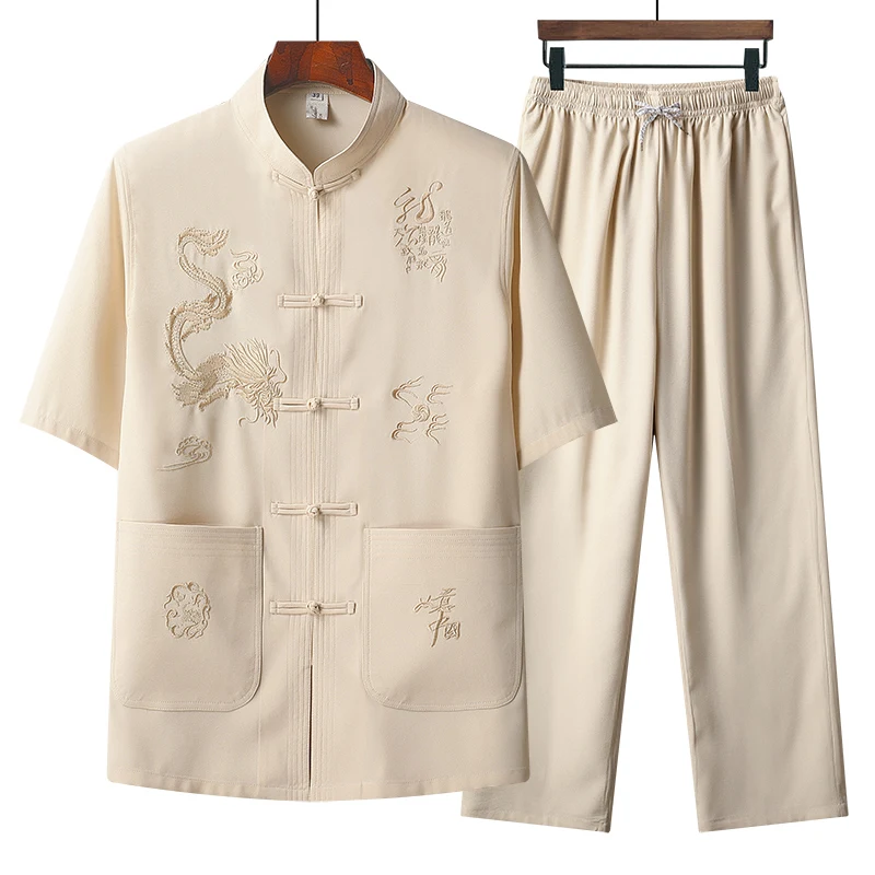 Tang Suit (Top + Pants) Middle-aged and Elderly Men Father Chinese Style Embroidery Tang Suit Old Grandpa Loose Clothes Suit