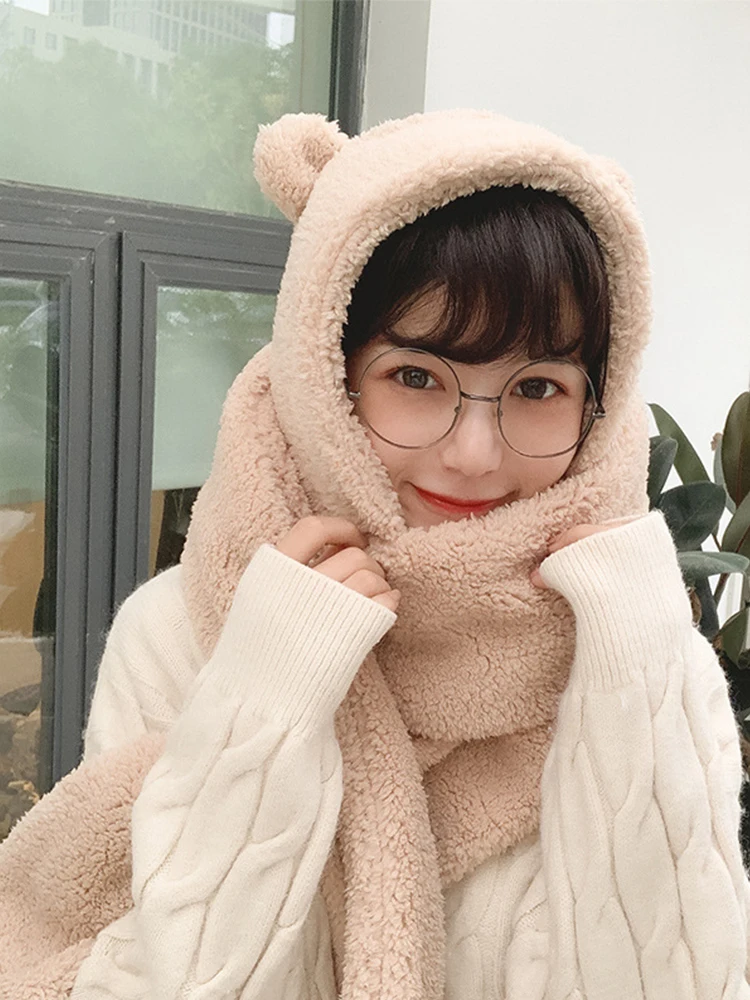 2 ชิ้นแฟชั่นผู้หญิงฤดูหนาวใหม่ Beanies หมวกหูหมีหมวกสบายๆหมวกผ้าพันคอชุดลําลองผู้หญิงหมวกปัจจุบัน