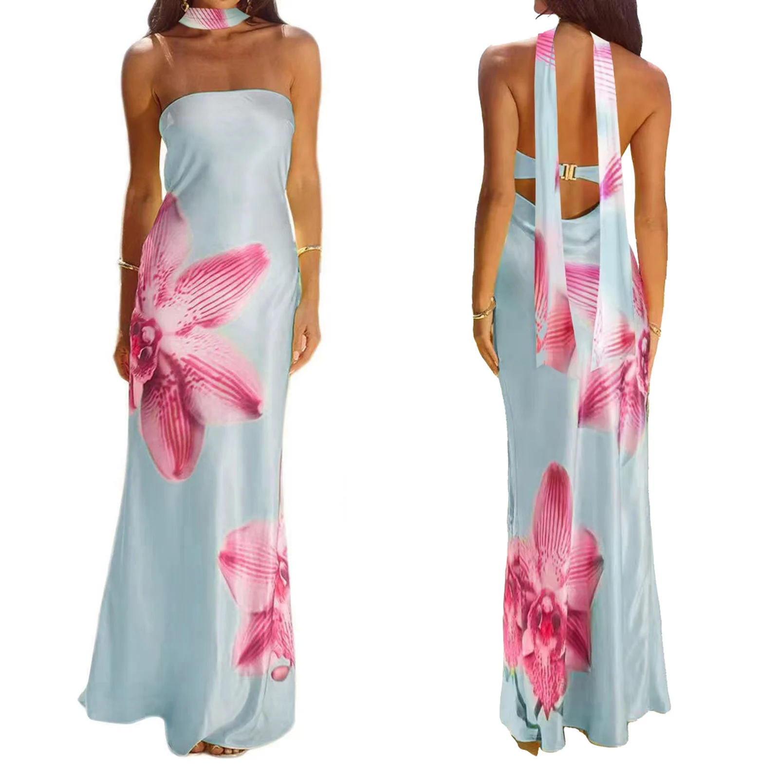 فستان Combhasaki للسيدات أنيق من الساتان بدون حمالات بدون ظهر بإبزيم معدني وفتحة جمالية مطبوعة بالزهور فستان صيفي طويل مع وشاح