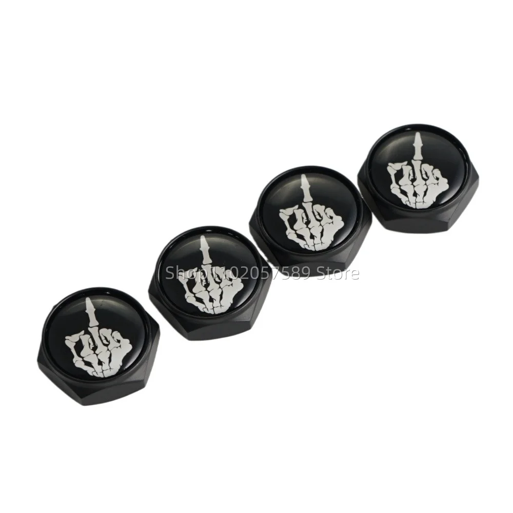 Silver/ Black 4x Skull Middle Finger License Plate Frame Bolts Screws Auto License Plate Screws Car Truck Fastener Cap Bolt