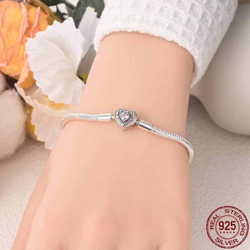 S925 Sterling Silver Vintage Heart Snake Bone Bracelet Fit Original Design Charms DIY Jewelry Bracelet For Women Fine Gift Hot