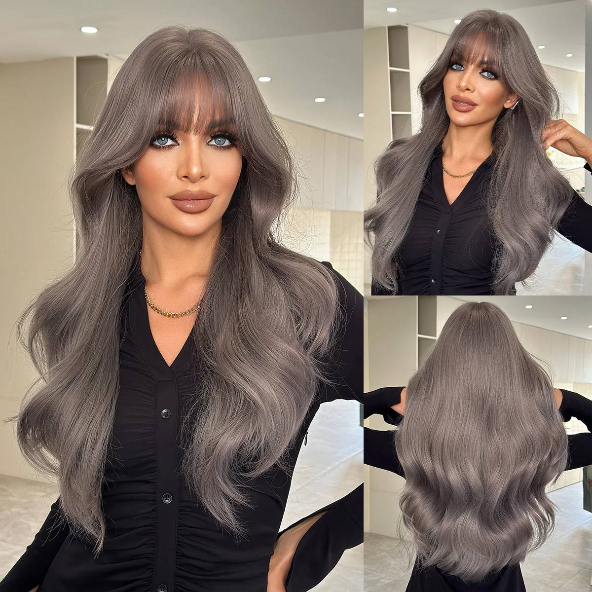 

New Wig Women's Gray Purple Long Curly Hair Waves Qi Bangs High Quality Wig Natural Full Headgear