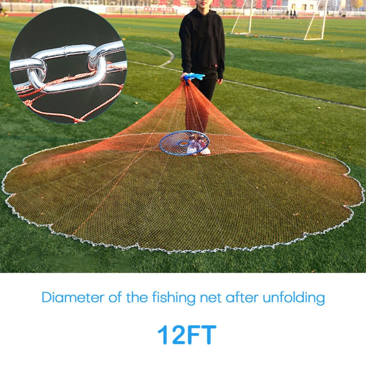 Us-12FT Fishing Cast Net Bait Trap Easy Throw Hand Cast Net Mesh W/Chain Sinker